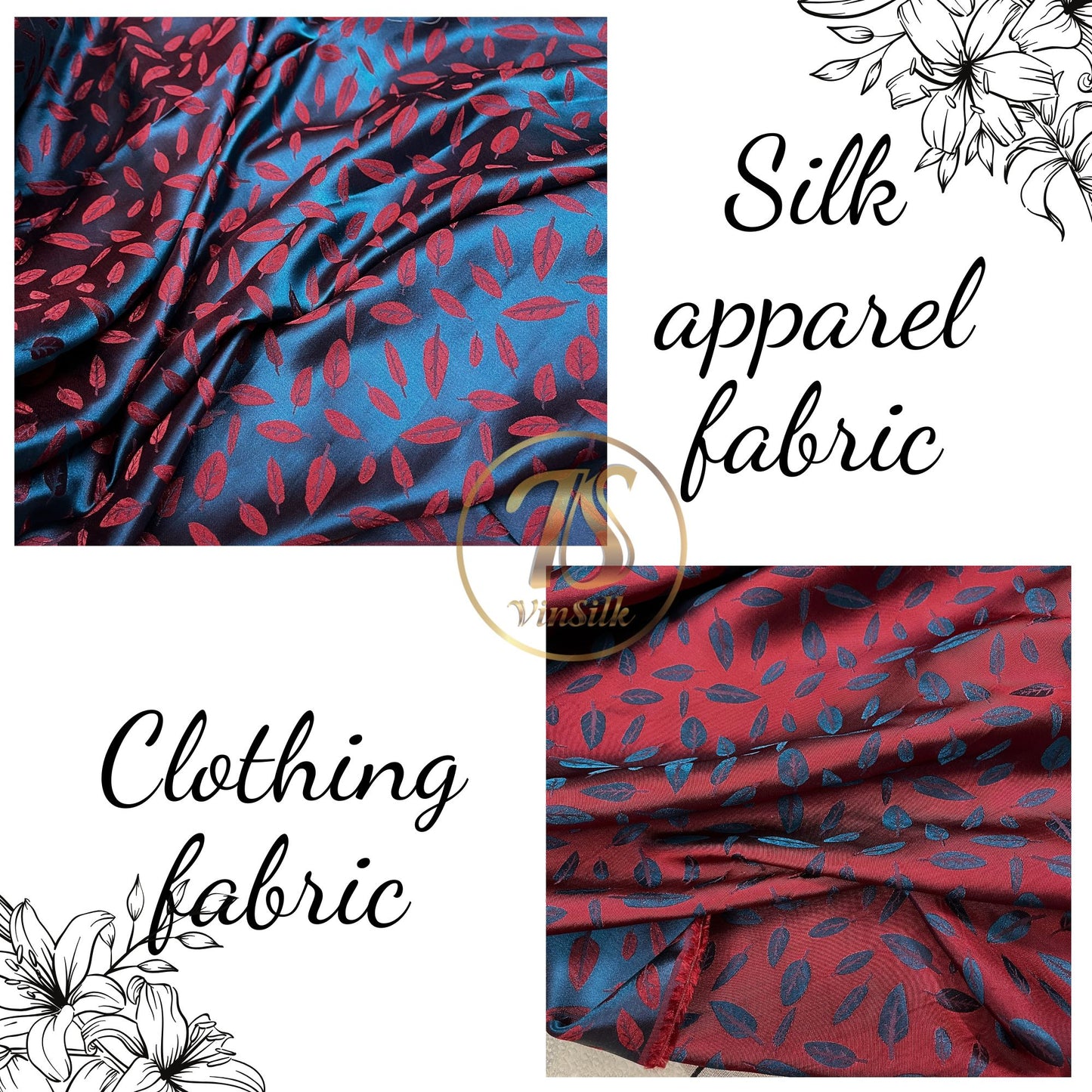Blue silk with red leaf  pattern fabric, Pure mulberry silk, Handmade fabric, Organic fiber, Vintage textile, Dress making, Gift for women, Silk dress