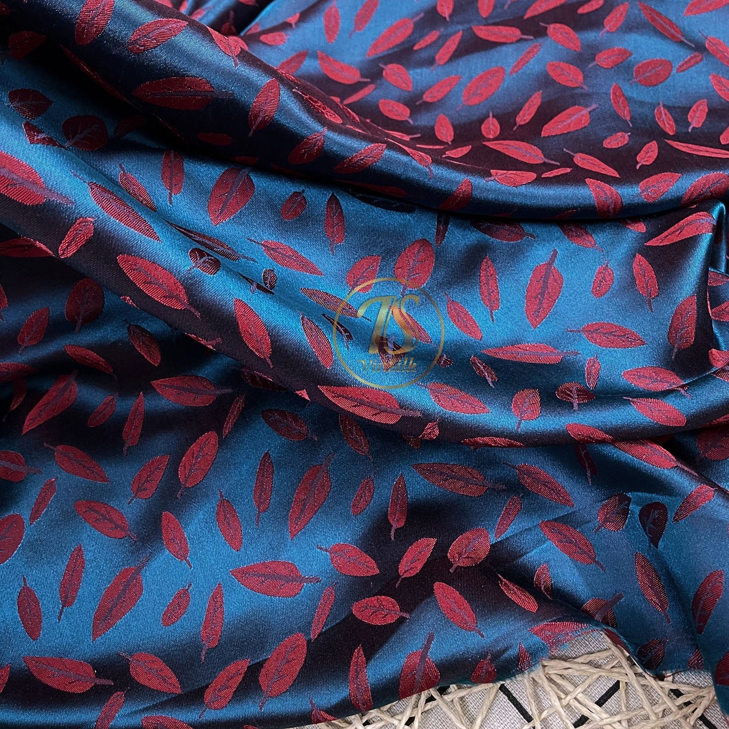Blue silk with red leaf  pattern fabric, Pure mulberry silk, Handmade fabric, Organic fiber, Vintage textile, Dress making, Gift for women, Silk dress
