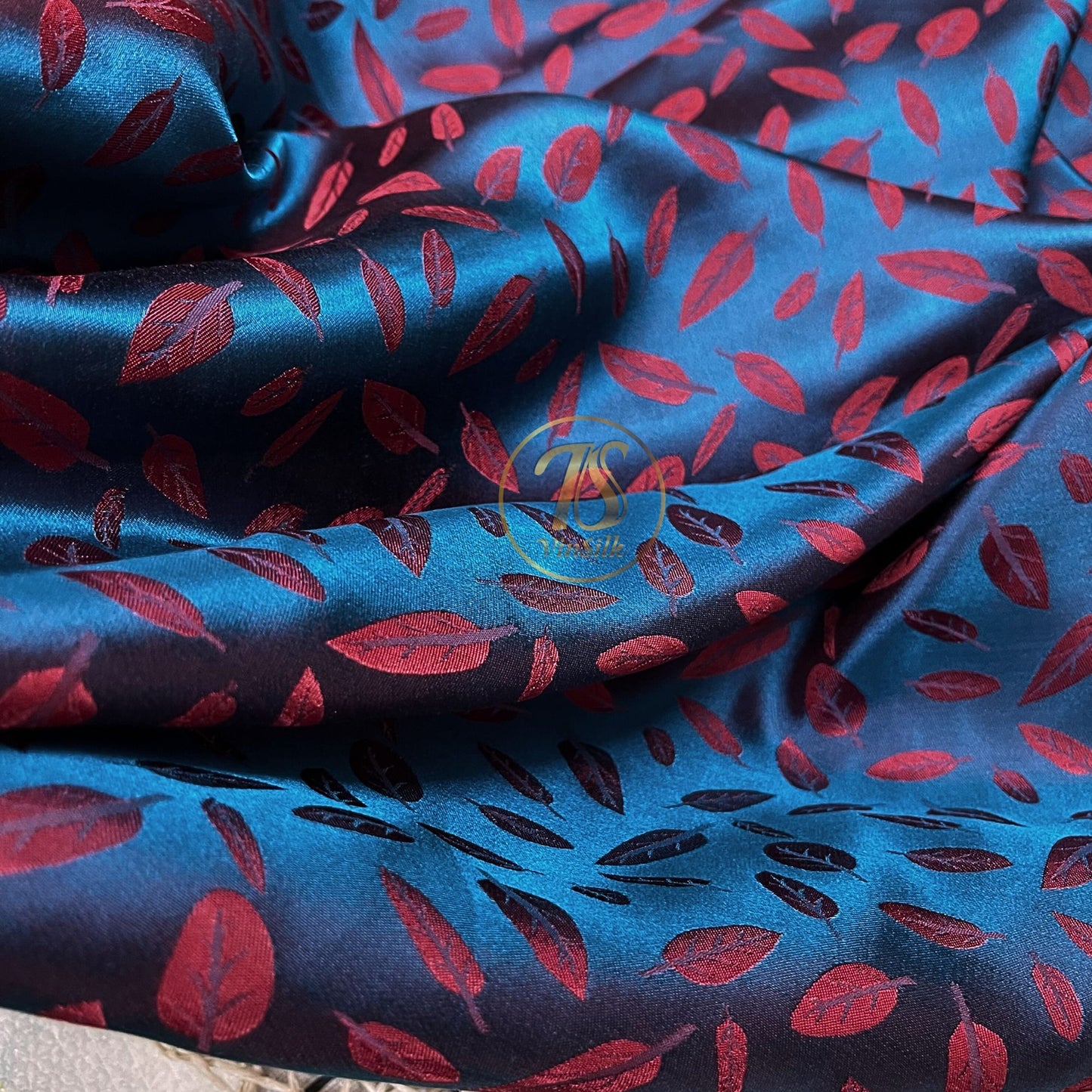Blue silk with red leaf  pattern fabric, Pure mulberry silk, Handmade fabric, Organic fiber, Vintage textile, Dress making, Gift for women, Silk dress