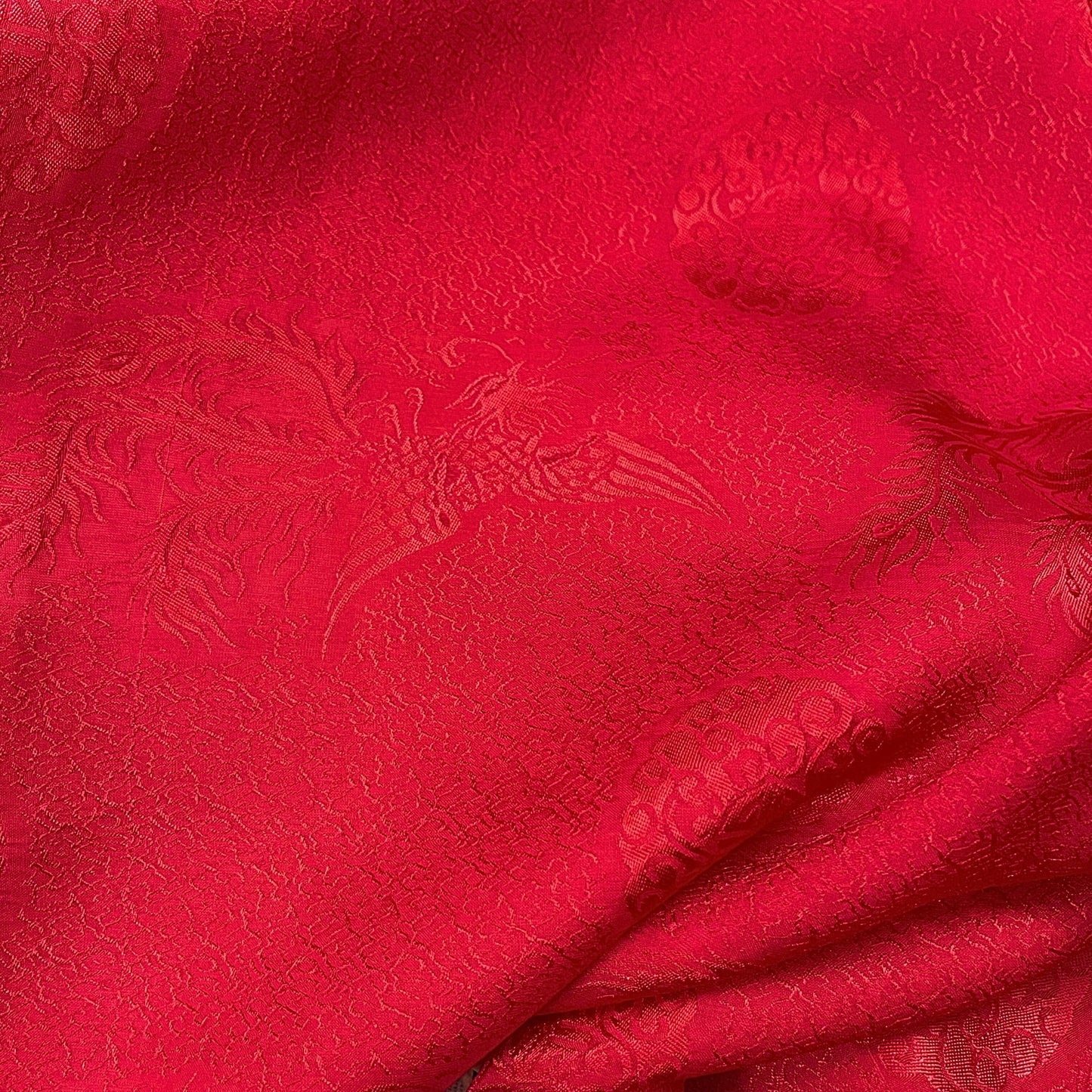 Red silk fabric with mulberry phoenix  pattern, Pure mulberry silk, Handmade fabric, Organic fiber, Vintage textile