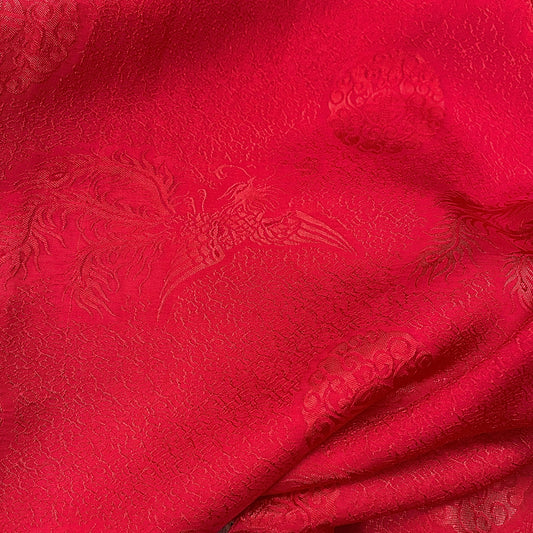 Red silk fabric with mulberry phoenix  pattern, Pure mulberry silk, Handmade fabric, Organic fiber, Vintage textile