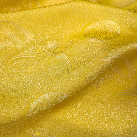 Golden silk fabric with mulberry phoenix  pattern, Pure mulberry silk, Handmade fabric, Organic fiber, Vintage textile