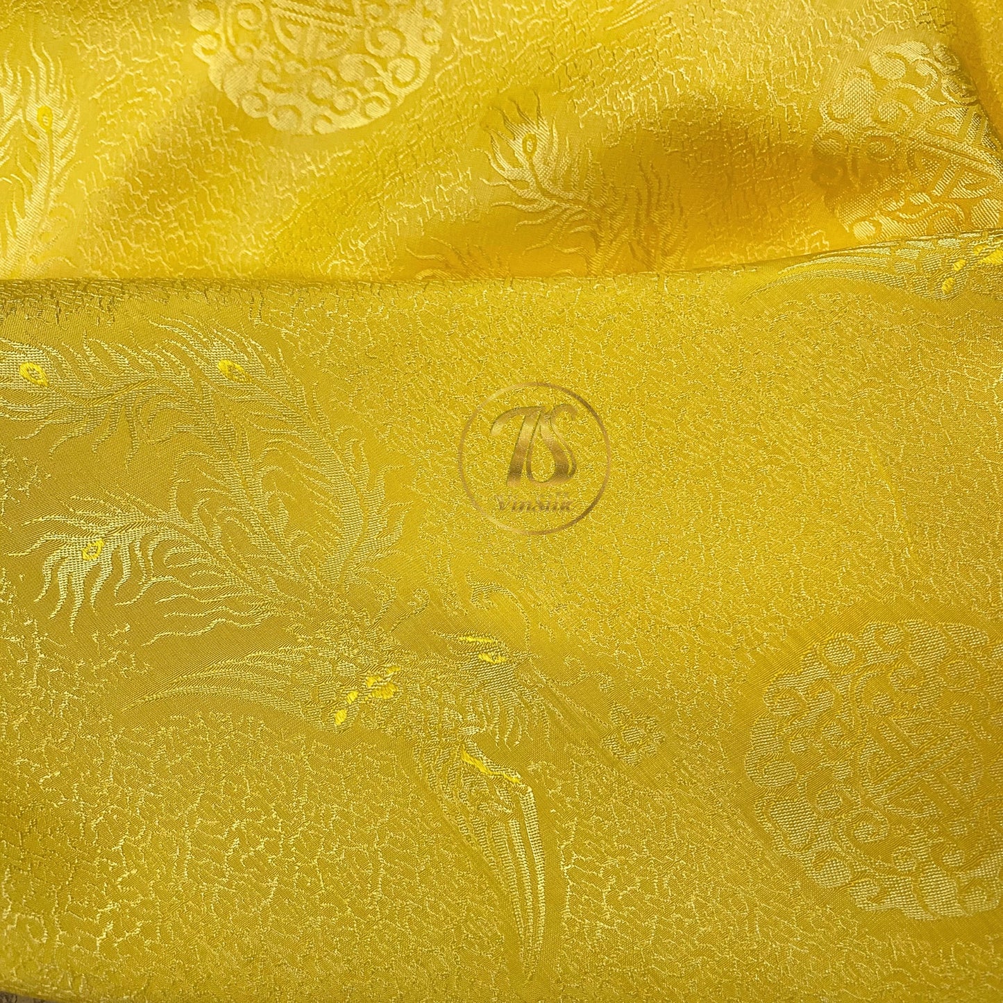 Golden silk fabric with mulberry phoenix  pattern, Pure mulberry silk, Handmade fabric, Organic fiber, Vintage textile
