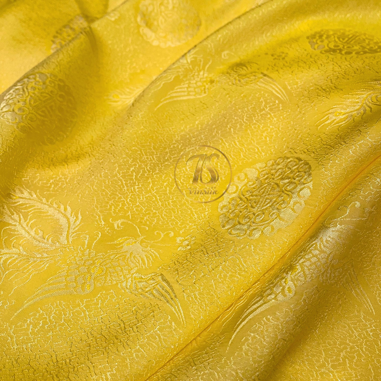 Golden silk fabric with mulberry phoenix  pattern, Pure mulberry silk, Handmade fabric, Organic fiber, Vintage textile