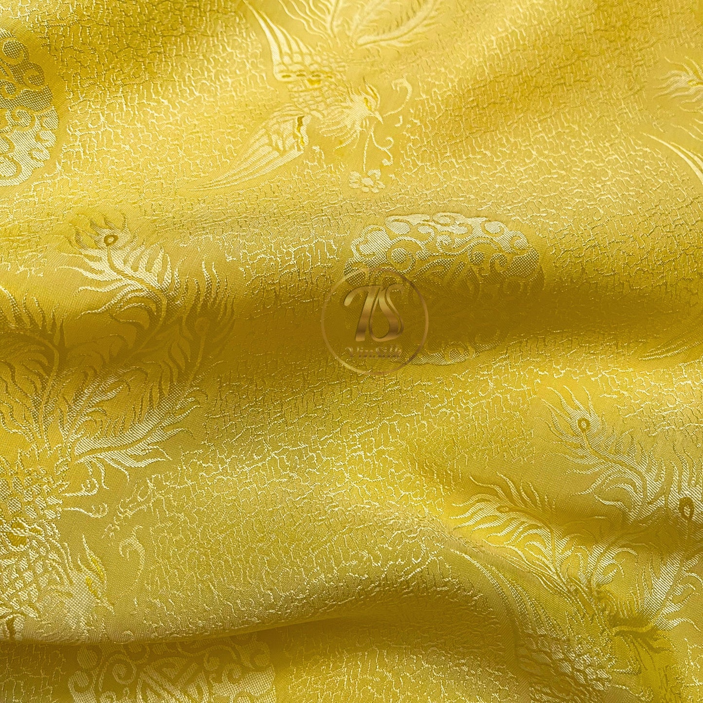 Golden silk fabric with mulberry phoenix  pattern, Pure mulberry silk, Handmade fabric, Organic fiber, Vintage textile