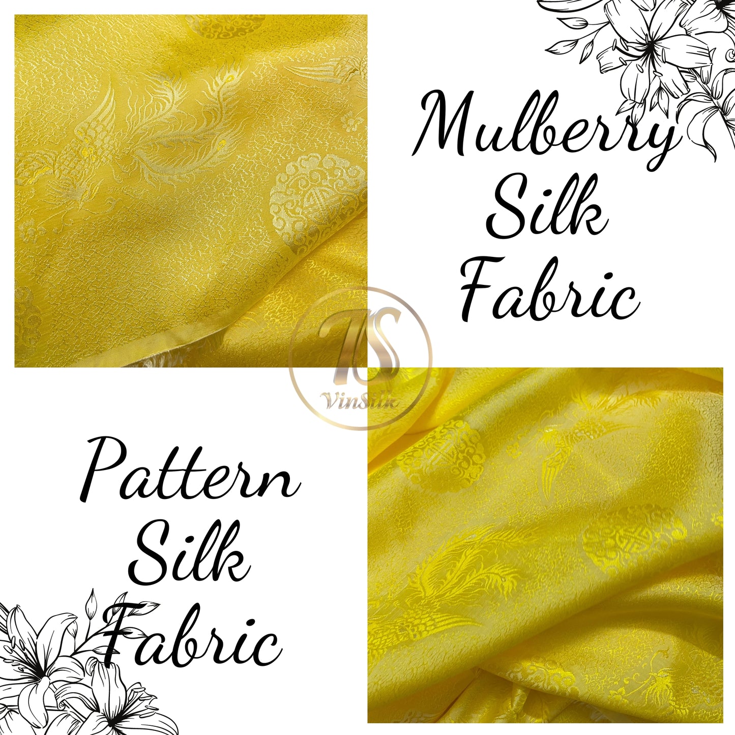 Golden silk fabric with mulberry phoenix  pattern, Pure mulberry silk, Handmade fabric, Organic fiber, Vintage textile