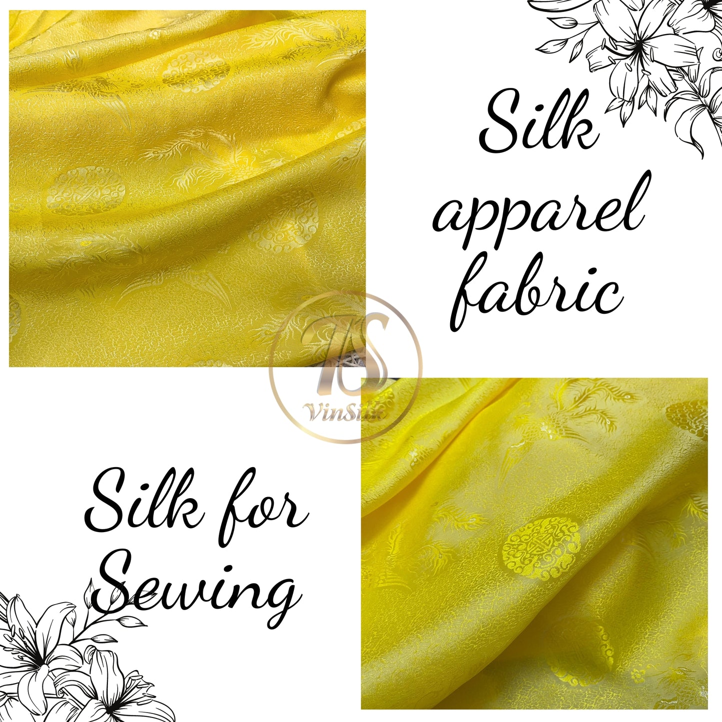 Golden silk fabric with mulberry phoenix  pattern, Pure mulberry silk, Handmade fabric, Organic fiber, Vintage textile