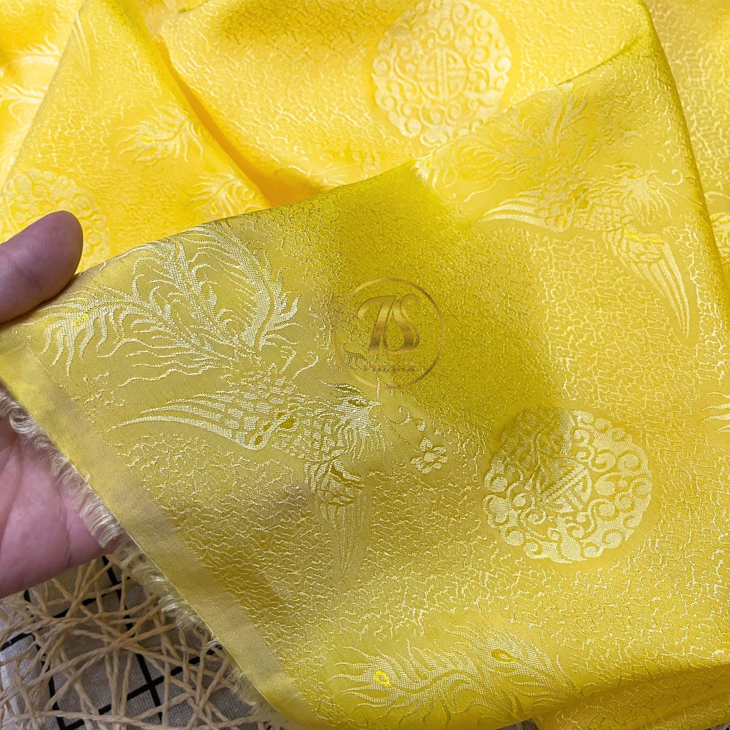 Golden silk fabric with mulberry phoenix  pattern, Pure mulberry silk, Handmade fabric, Organic fiber, Vintage textile
