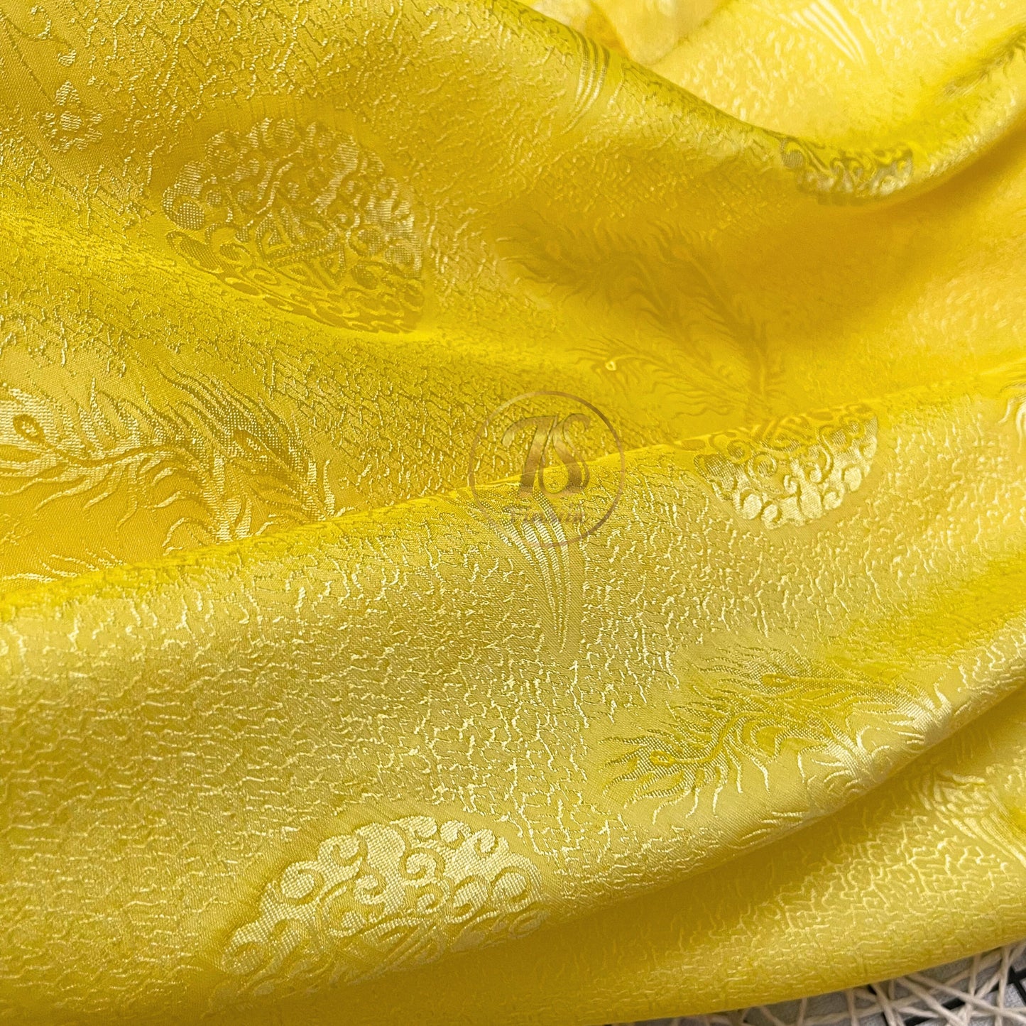 Golden silk fabric with mulberry phoenix  pattern, Pure mulberry silk, Handmade fabric, Organic fiber, Vintage textile