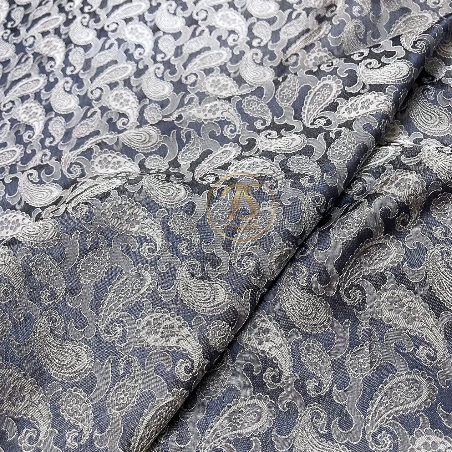 Gray white fabric with mulberry peacock tails pattern, Pure mulberry silk, Handmade fabric, Organic fiber