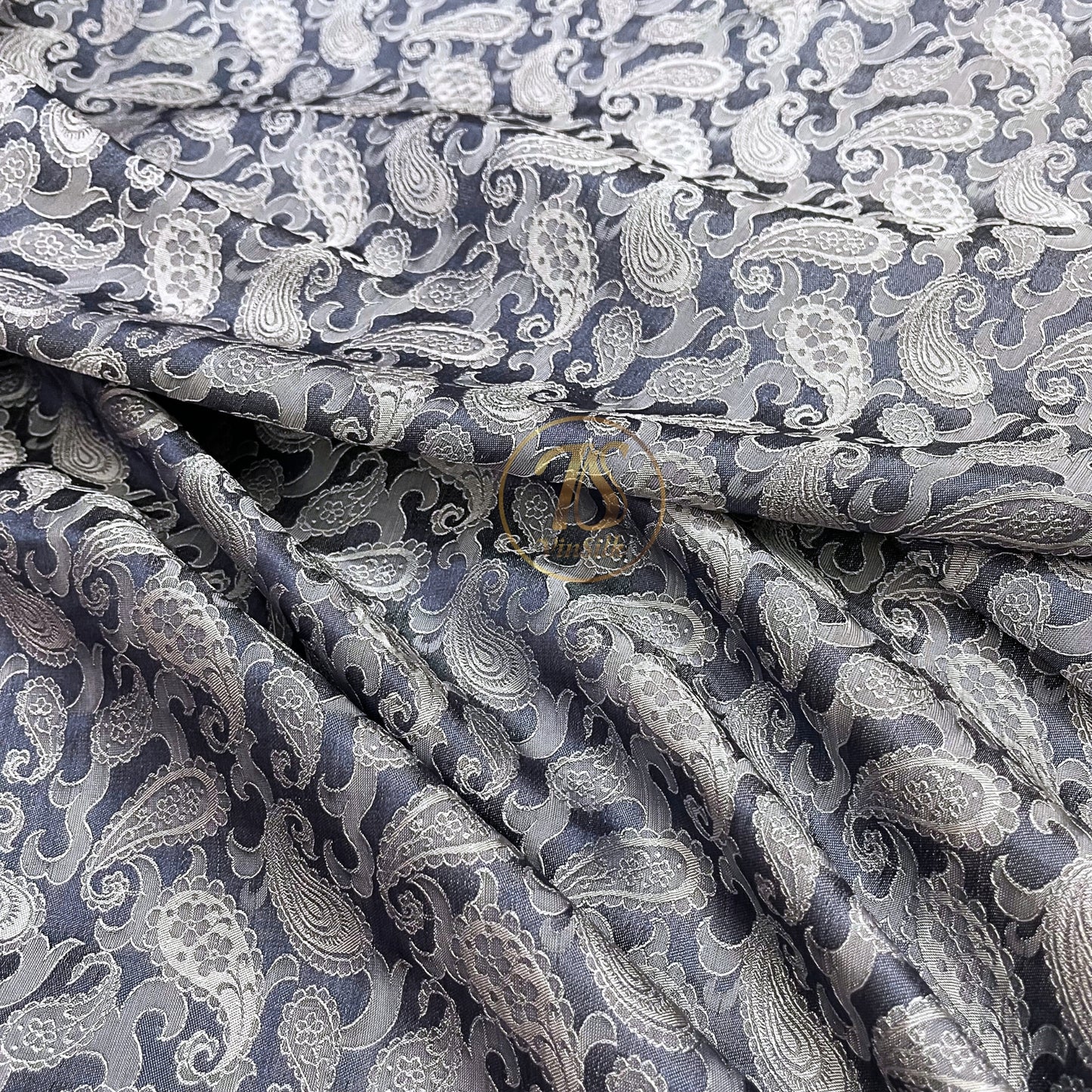 Gray white fabric with mulberry peacock tails pattern, Pure mulberry silk, Handmade fabric, Organic fiber