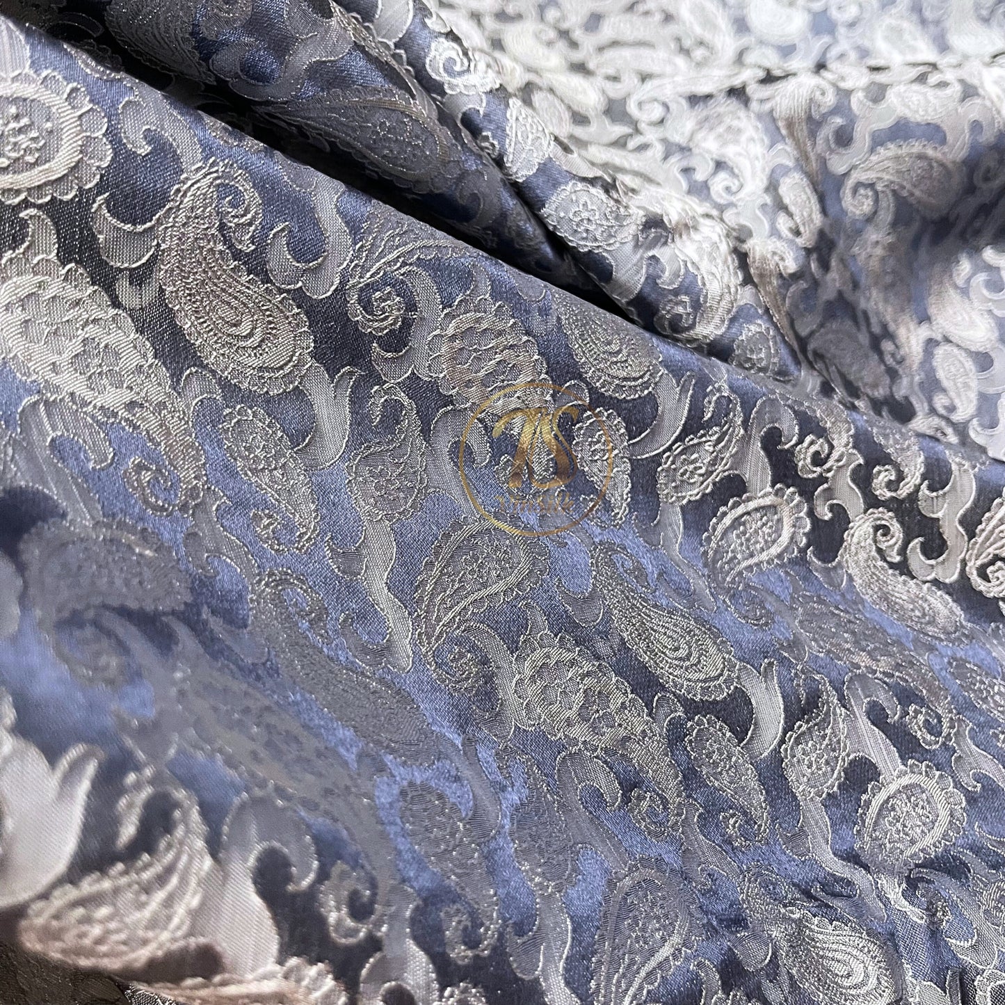 Gray white fabric with mulberry peacock tails pattern, Pure mulberry silk, Handmade fabric, Organic fiber