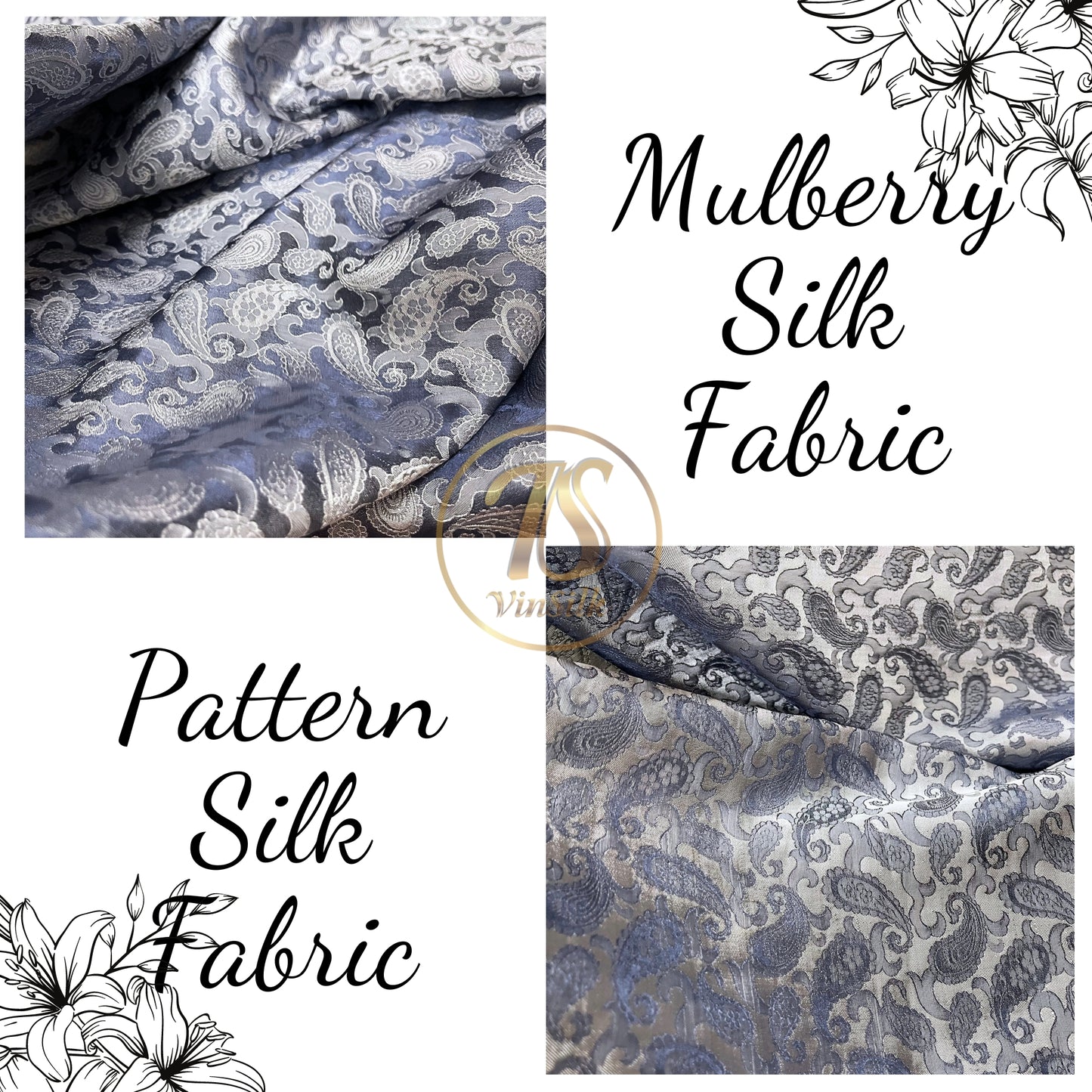 Gray white fabric with mulberry peacock tails pattern, Pure mulberry silk, Handmade fabric, Organic fiber