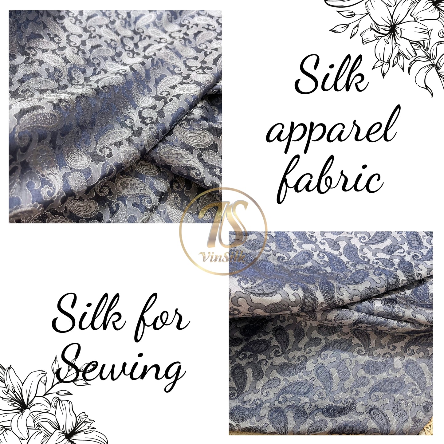 Gray white fabric with mulberry peacock tails pattern, Pure mulberry silk, Handmade fabric, Organic fiber