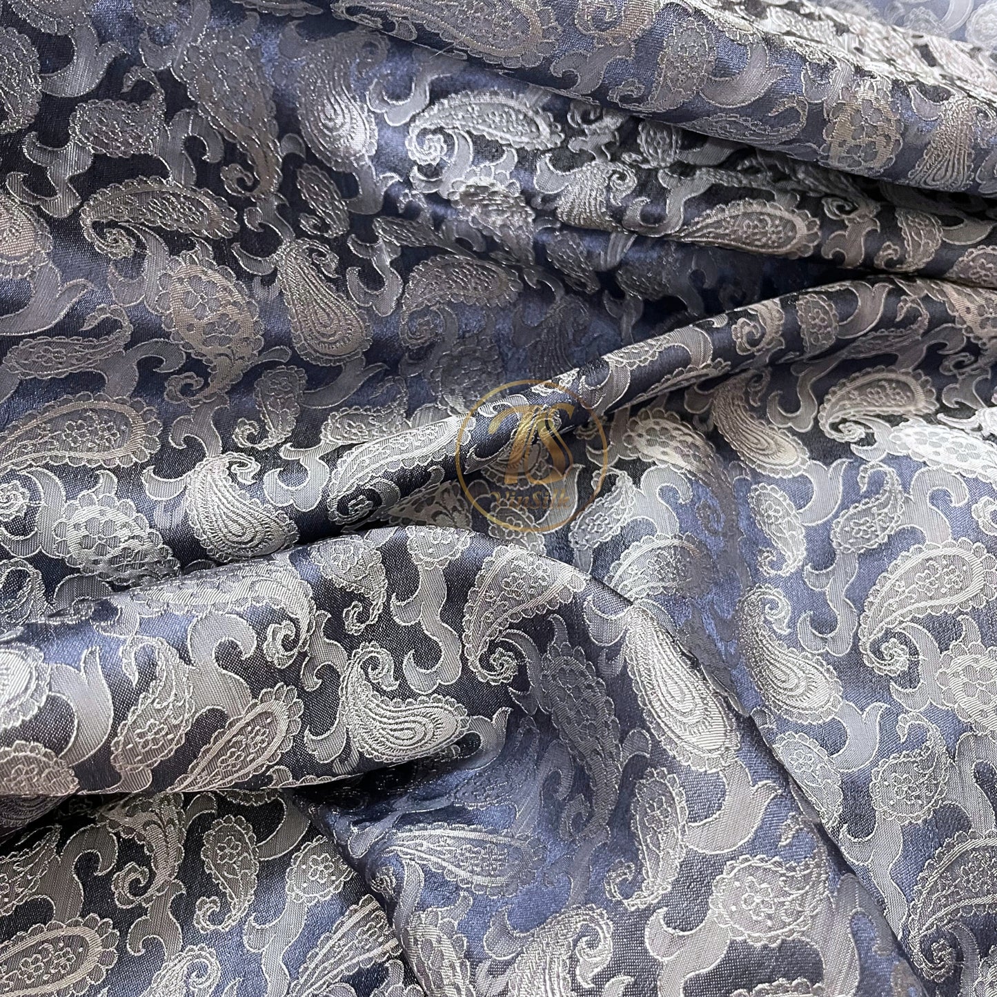 Gray white fabric with mulberry peacock tails pattern, Pure mulberry silk, Handmade fabric, Organic fiber