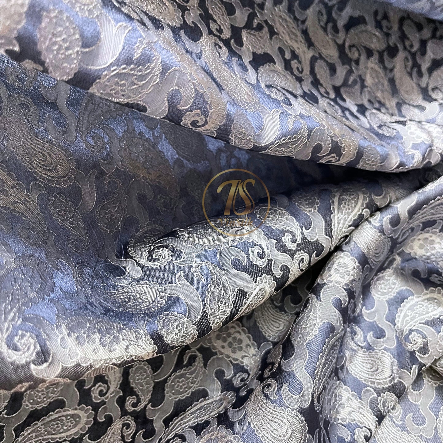 Gray white fabric with mulberry peacock tails pattern, Pure mulberry silk, Handmade fabric, Organic fiber