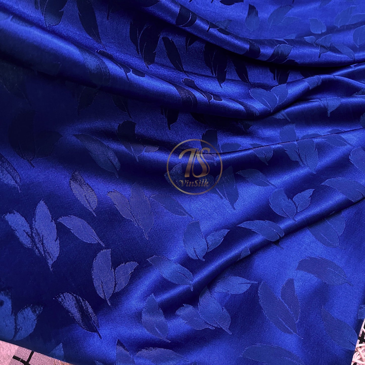 Blue silk fabric with mulberry leaves pattern, Pure mulberry silk, Handmade fabric, Organic fiber, Vintage textile