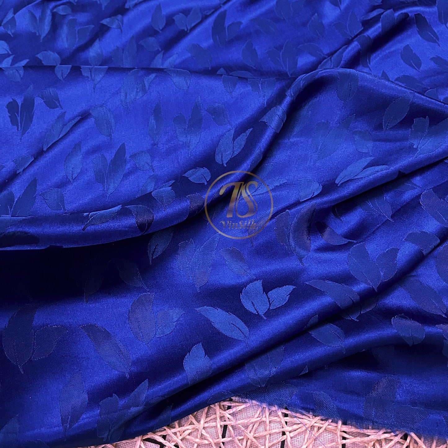 Blue silk fabric with mulberry leaves pattern, Pure mulberry silk, Handmade fabric, Organic fiber, Vintage textile