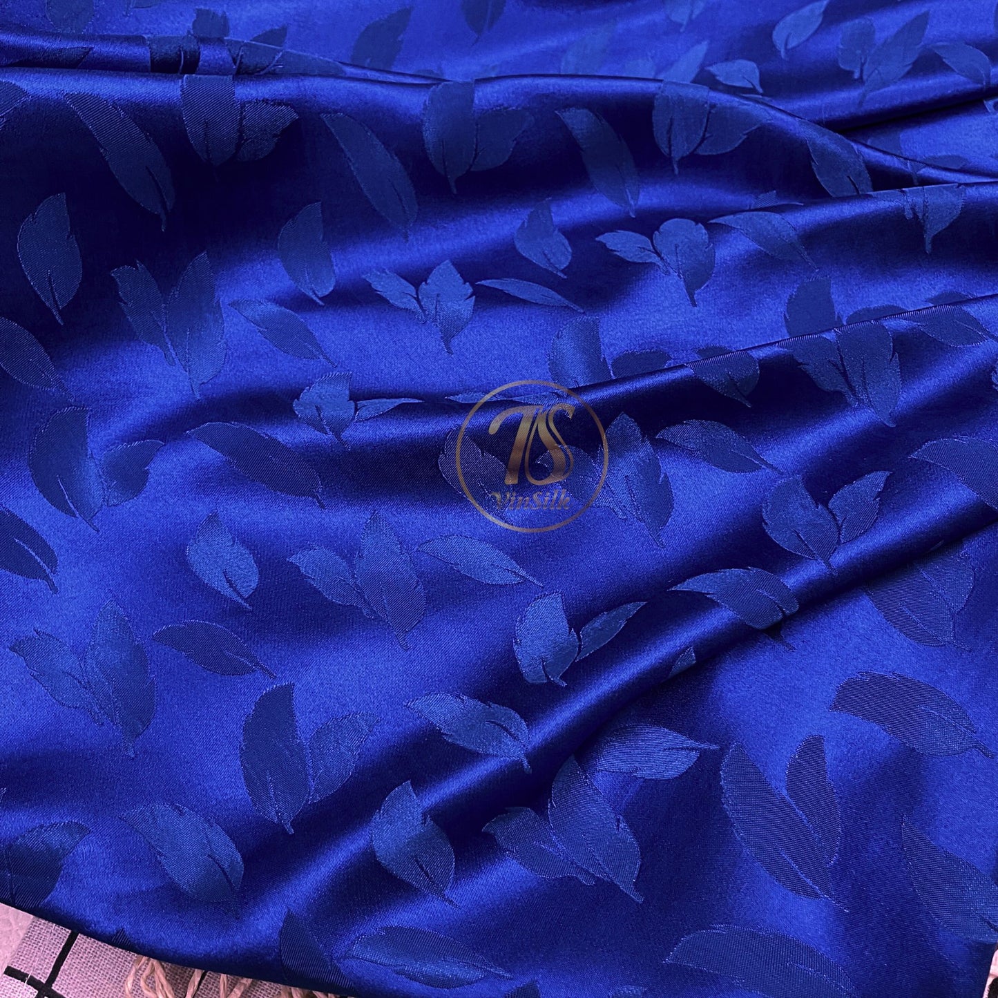 Blue silk fabric with mulberry leaves pattern, Pure mulberry silk, Handmade fabric, Organic fiber, Vintage textile