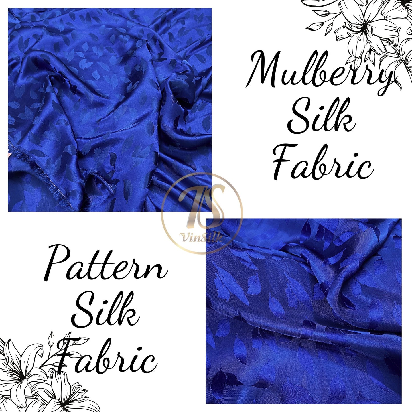 Blue silk fabric with mulberry leaves pattern, Pure mulberry silk, Handmade fabric, Organic fiber, Vintage textile