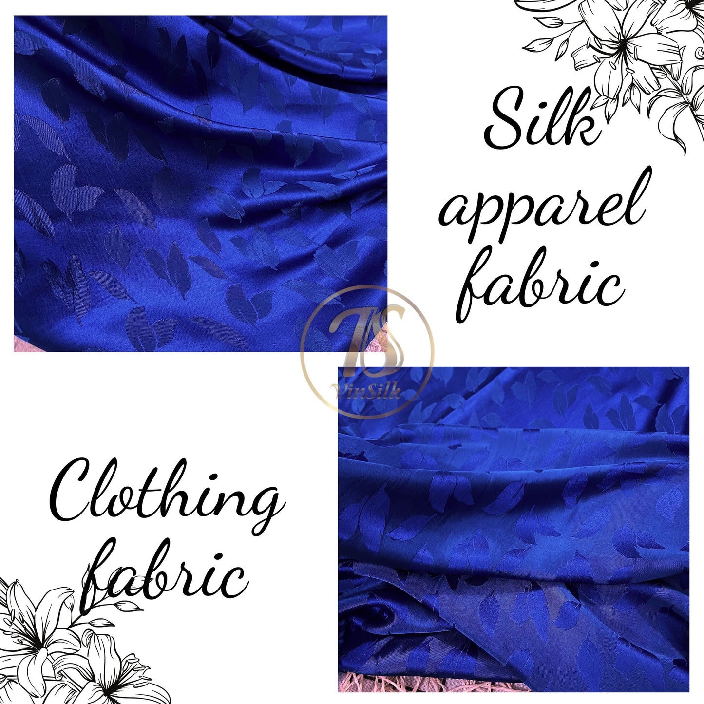 Blue silk fabric with mulberry leaves pattern, Pure mulberry silk, Handmade fabric, Organic fiber, Vintage textile