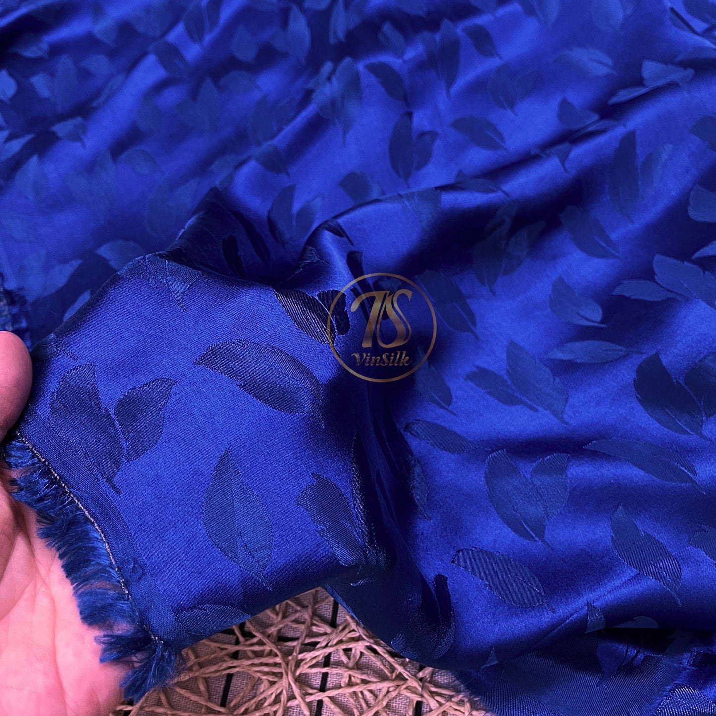 Blue silk fabric with mulberry leaves pattern, Pure mulberry silk, Handmade fabric, Organic fiber, Vintage textile