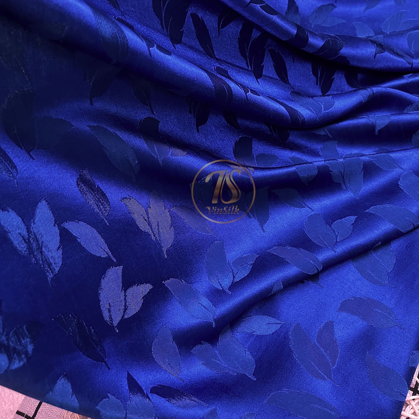 Blue silk fabric with mulberry leaves pattern, Pure mulberry silk, Handmade fabric, Organic fiber, Vintage textile
