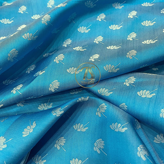 Sky blue fabric with mulberry dandelion pattern, Pure mulberry silk, Handmade fabric, Organic fiber