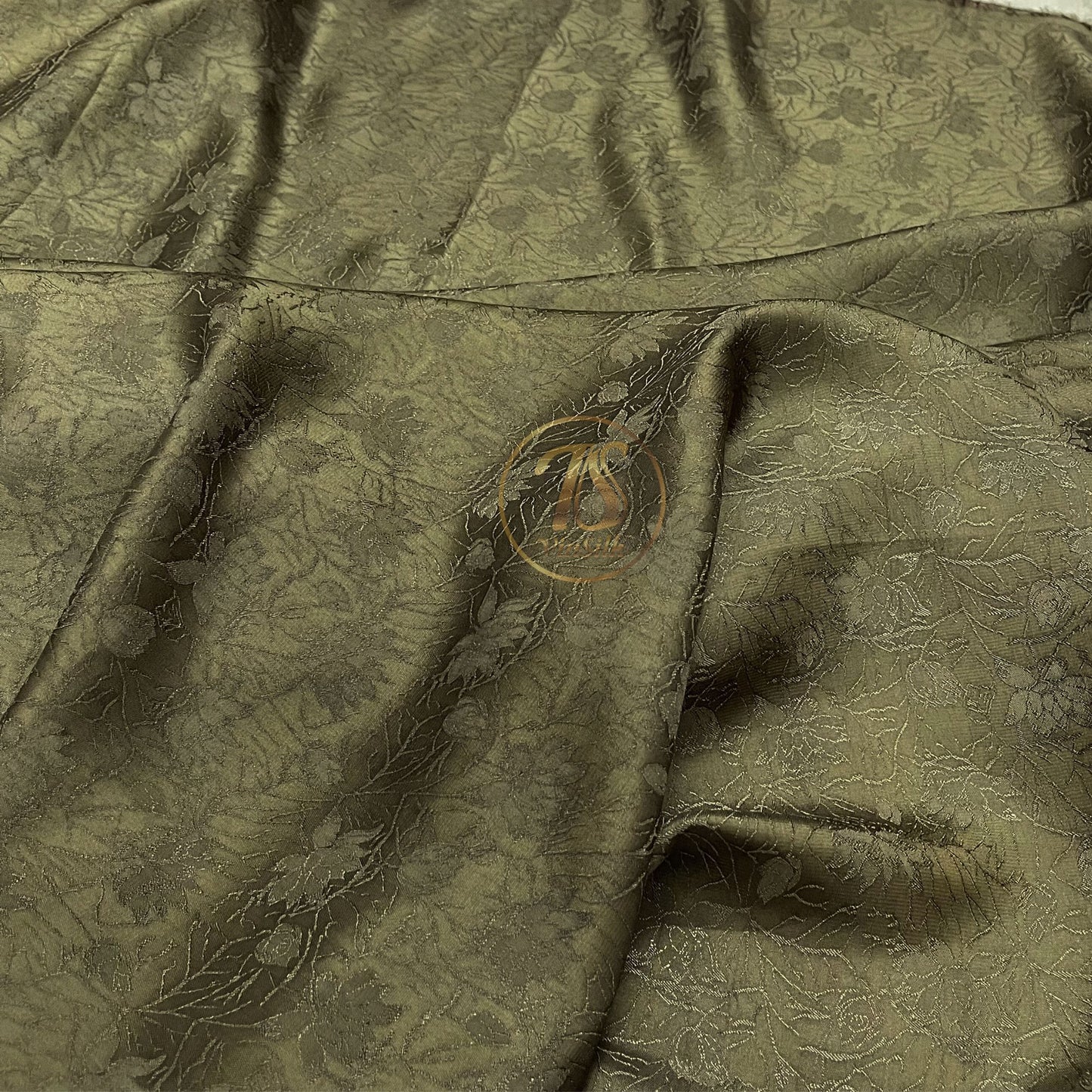 moss green stone lotus silk pattern fabric, Pure mulberry silk, Handmade fabric, Organic fiber, Vintage textile, Dress making, Gift for women, Silk dress