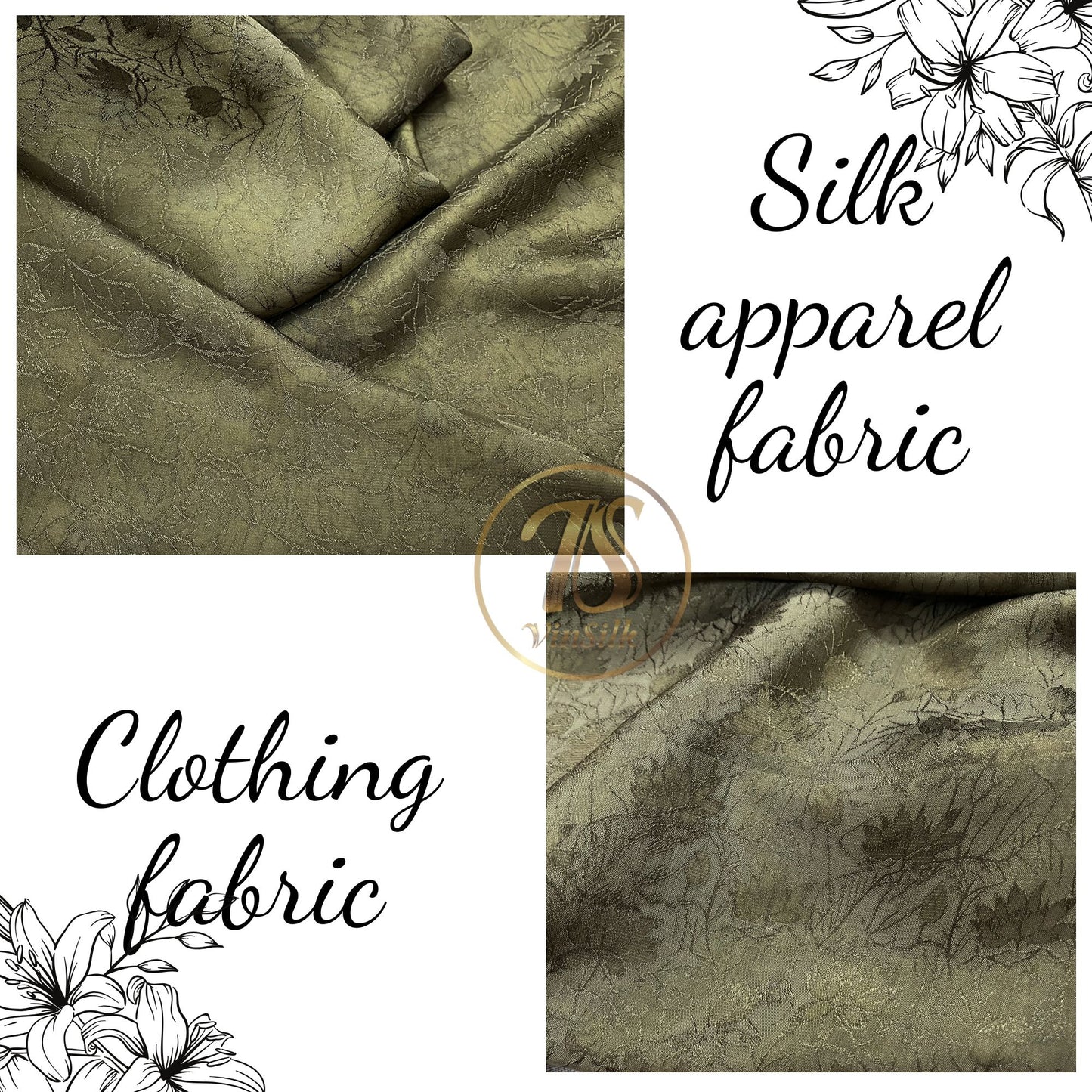 moss green stone lotus silk pattern fabric, Pure mulberry silk, Handmade fabric, Organic fiber, Vintage textile, Dress making, Gift for women, Silk dress