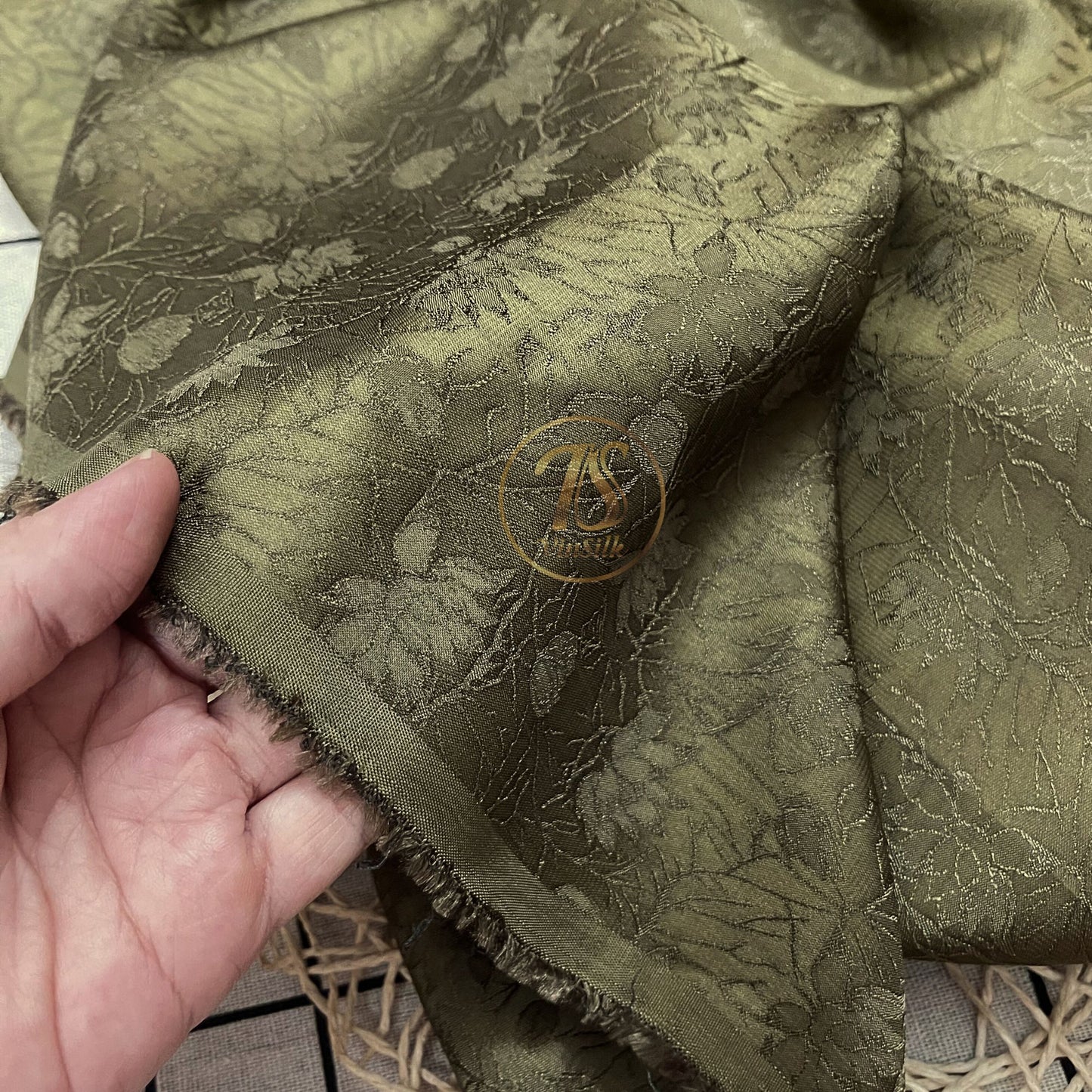 moss green stone lotus silk pattern fabric, Pure mulberry silk, Handmade fabric, Organic fiber, Vintage textile, Dress making, Gift for women, Silk dress