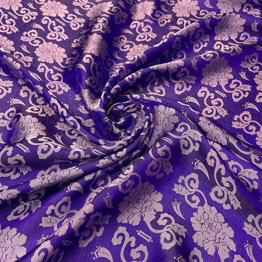 Purple silk with pink flower pattern, Floral silk fabric, Pure mulberry silk, Handmade fabric, Organic fiber