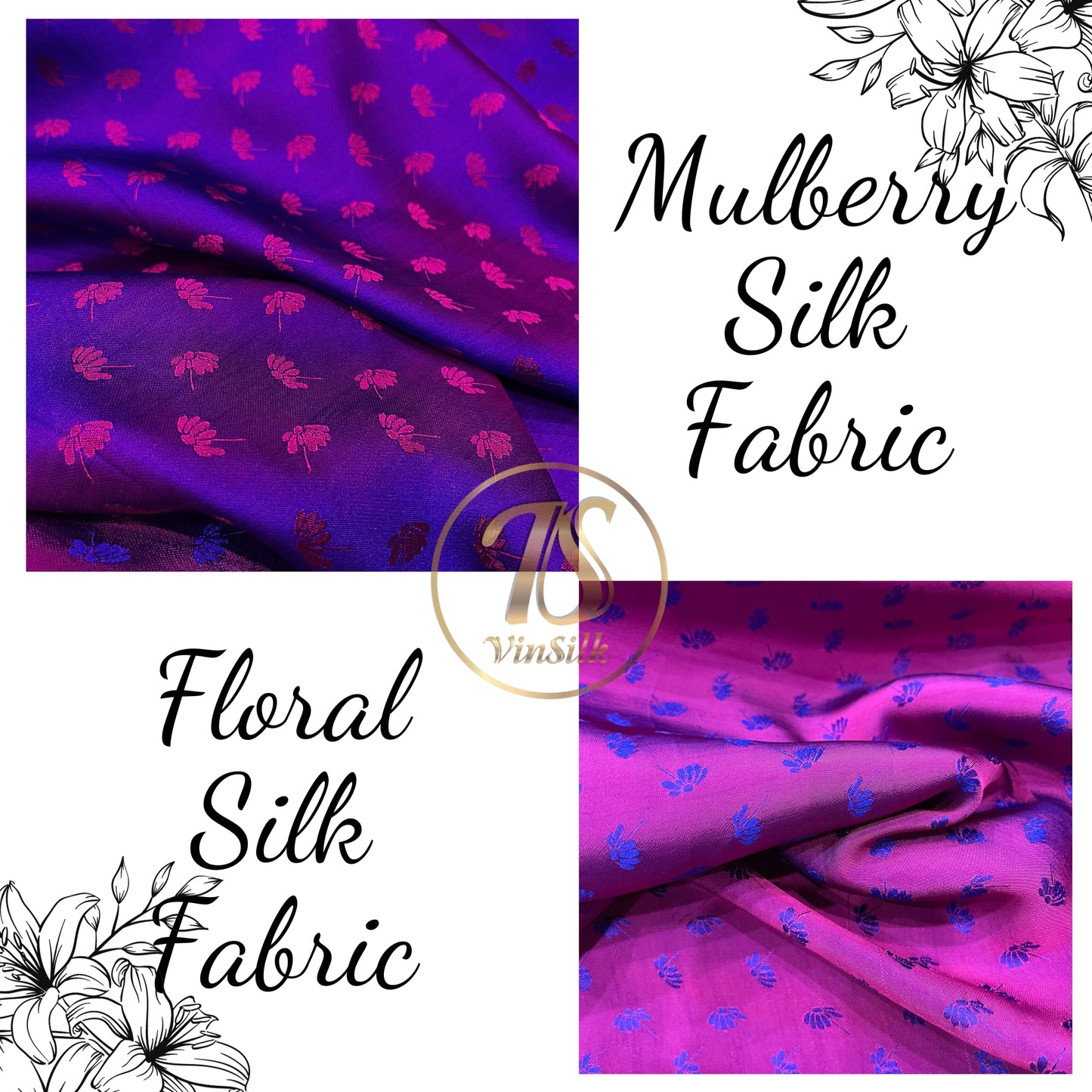 Blue Pink fabric with mulberry dandelion pattern, Pure mulberry silk, Handmade fabric, Organic fiber