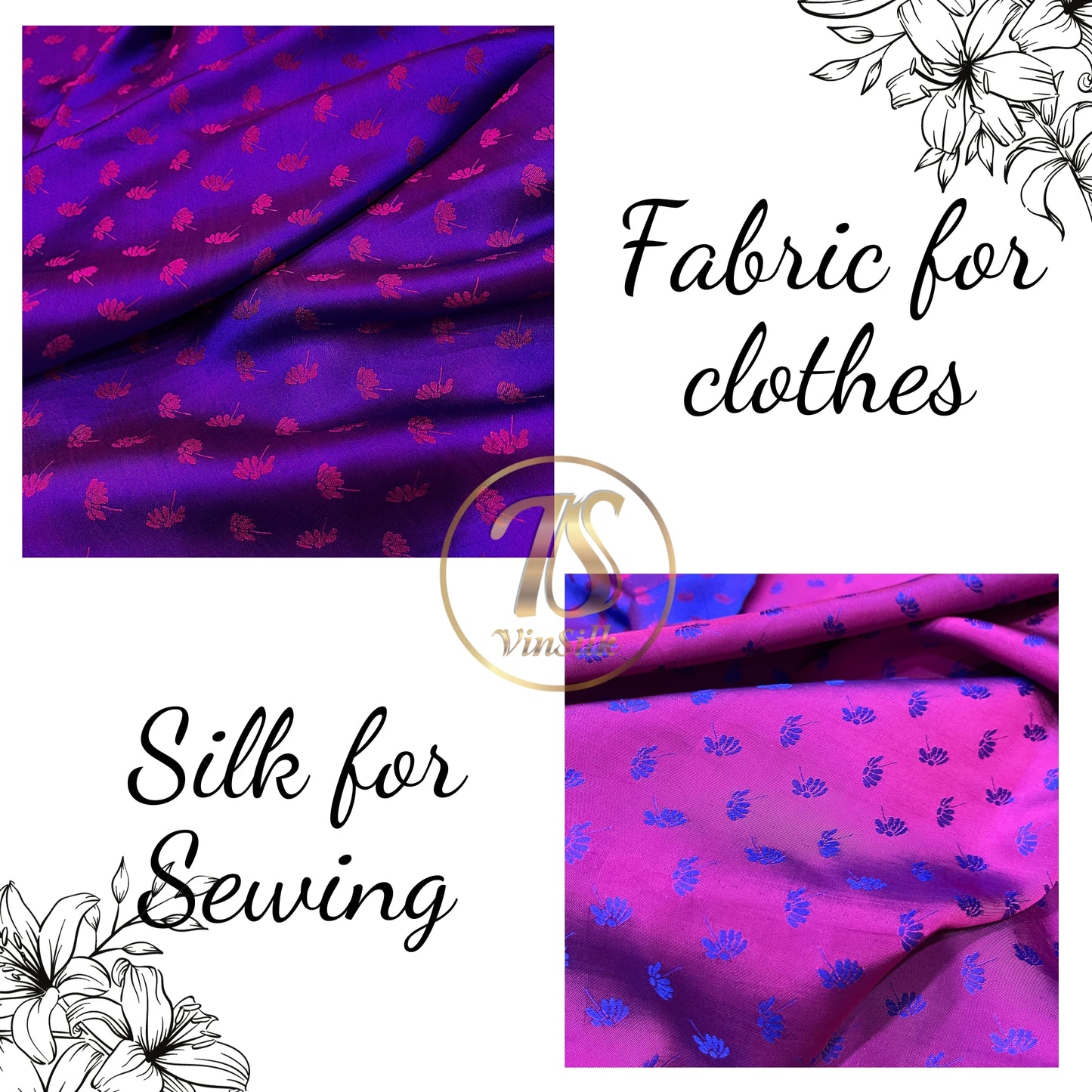 Blue Pink fabric with mulberry dandelion pattern, Pure mulberry silk, Handmade fabric, Organic fiber