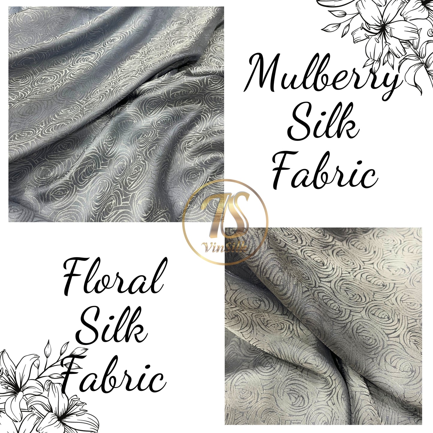 Gray silk fabric with mulberry cabbage pattern, Pure mulberry silk, Handmade fabric, Organic fiber
