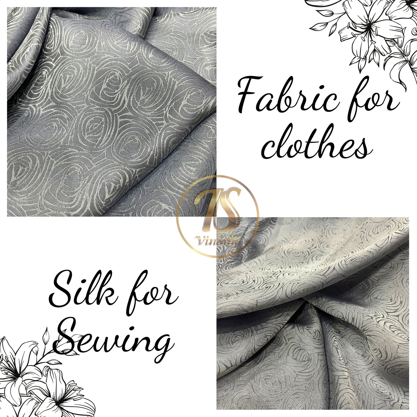 Gray silk fabric with mulberry cabbage pattern, Pure mulberry silk, Handmade fabric, Organic fiber