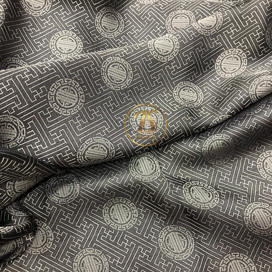Gray silk with chiness seal pattern, Floral silk fabric, Pure mulberry silk, Handmade fabric, Organic fiber