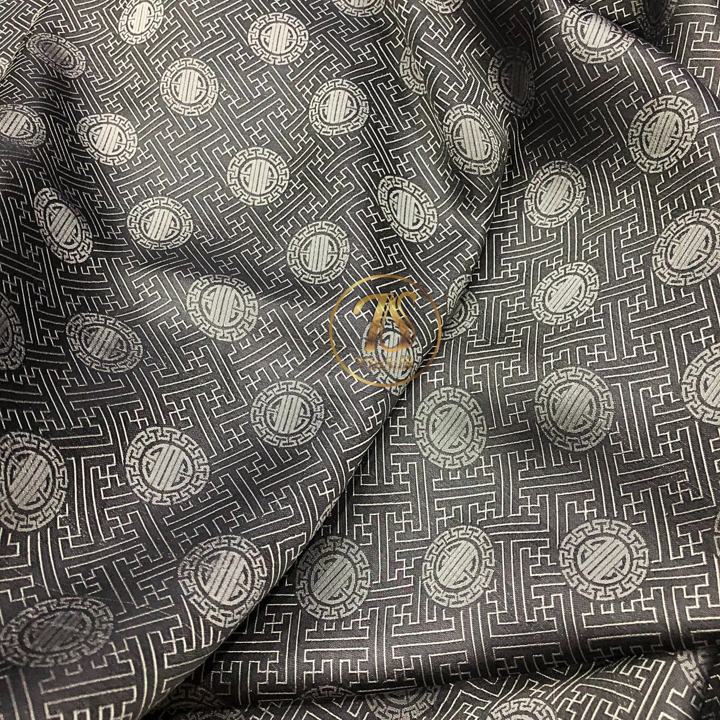 Gray silk with chiness seal pattern, Floral silk fabric, Pure mulberry silk, Handmade fabric, Organic fiber