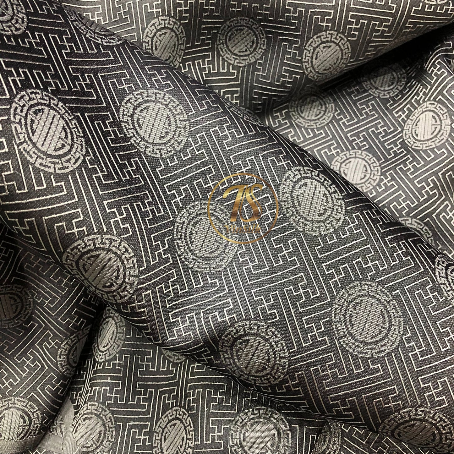 Gray silk with chiness seal pattern, Floral silk fabric, Pure mulberry silk, Handmade fabric, Organic fiber