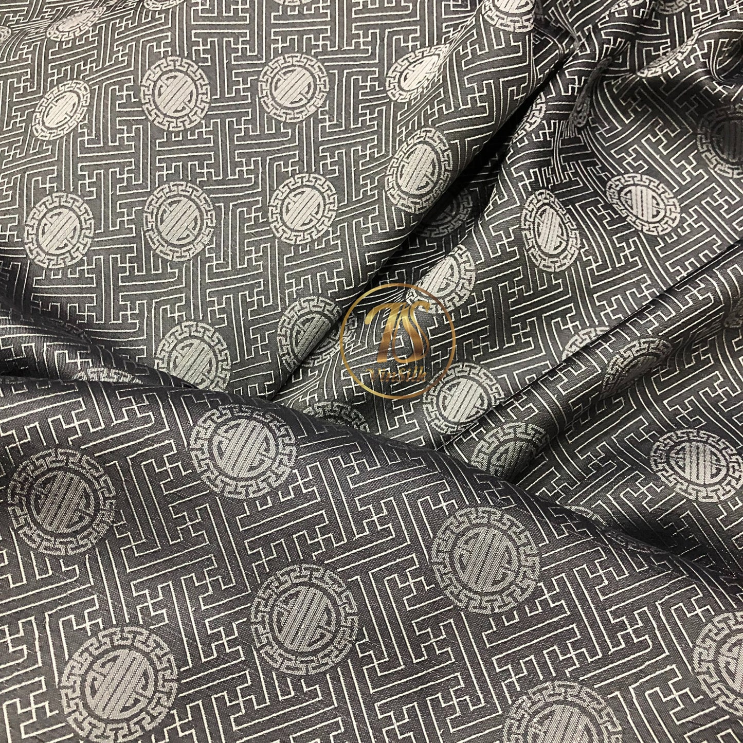 Gray silk with chiness seal pattern, Floral silk fabric, Pure mulberry silk, Handmade fabric, Organic fiber