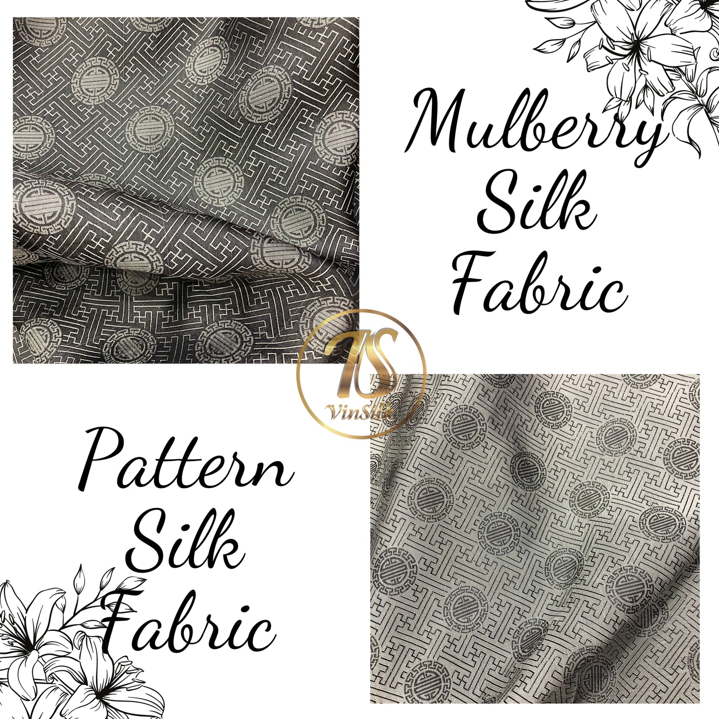 Gray silk with chiness seal pattern, Floral silk fabric, Pure mulberry silk, Handmade fabric, Organic fiber