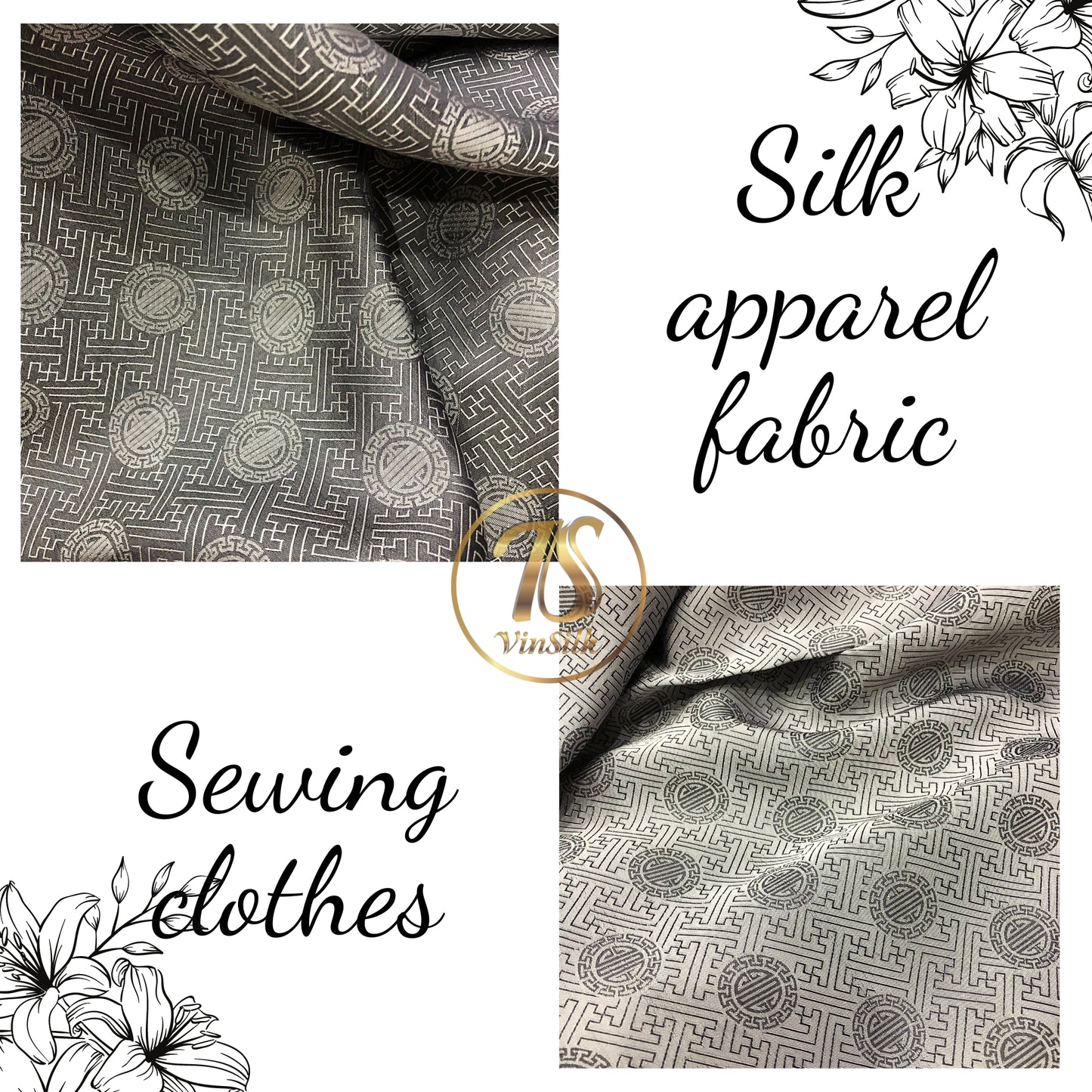 Gray silk with chiness seal pattern, Floral silk fabric, Pure mulberry silk, Handmade fabric, Organic fiber