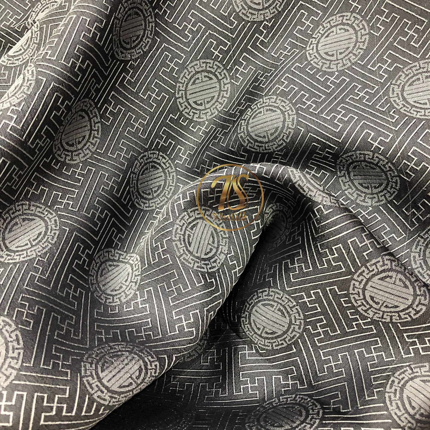 Gray silk with chiness seal pattern, Floral silk fabric, Pure mulberry silk, Handmade fabric, Organic fiber