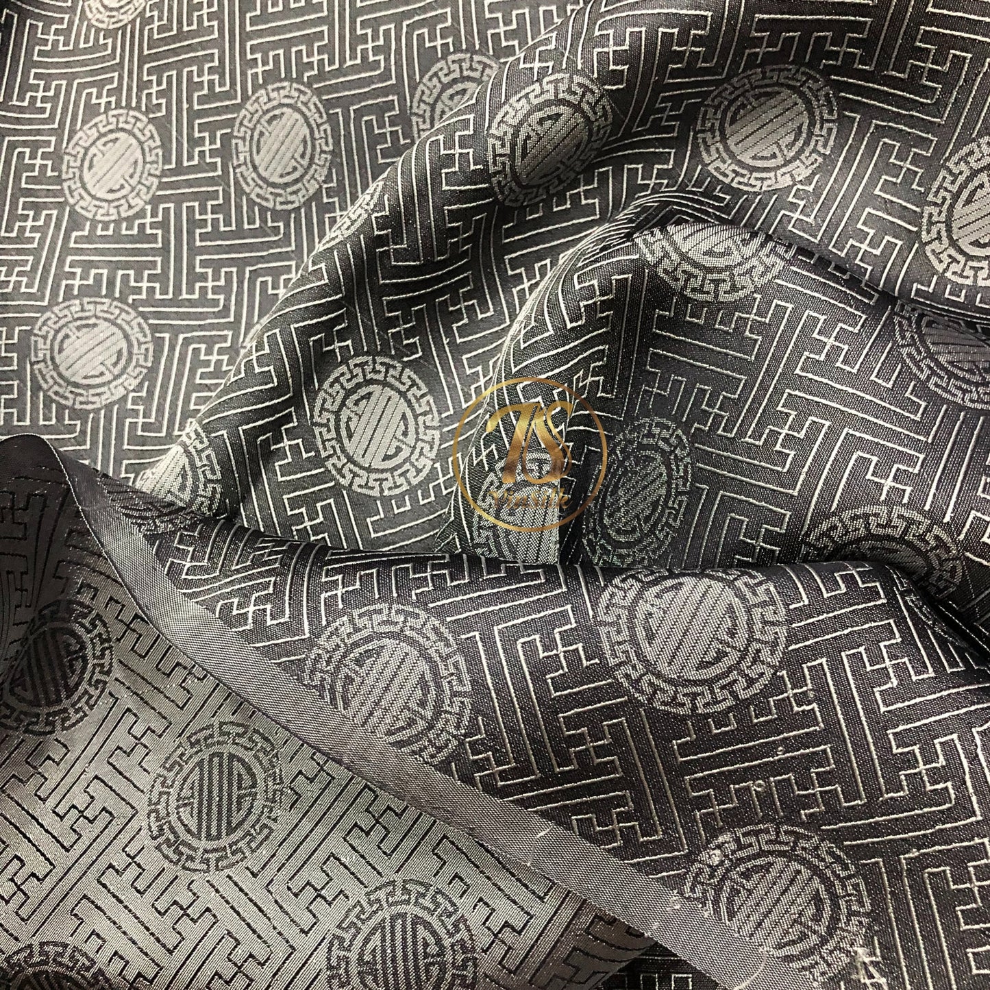 Gray silk with chiness seal pattern, Floral silk fabric, Pure mulberry silk, Handmade fabric, Organic fiber