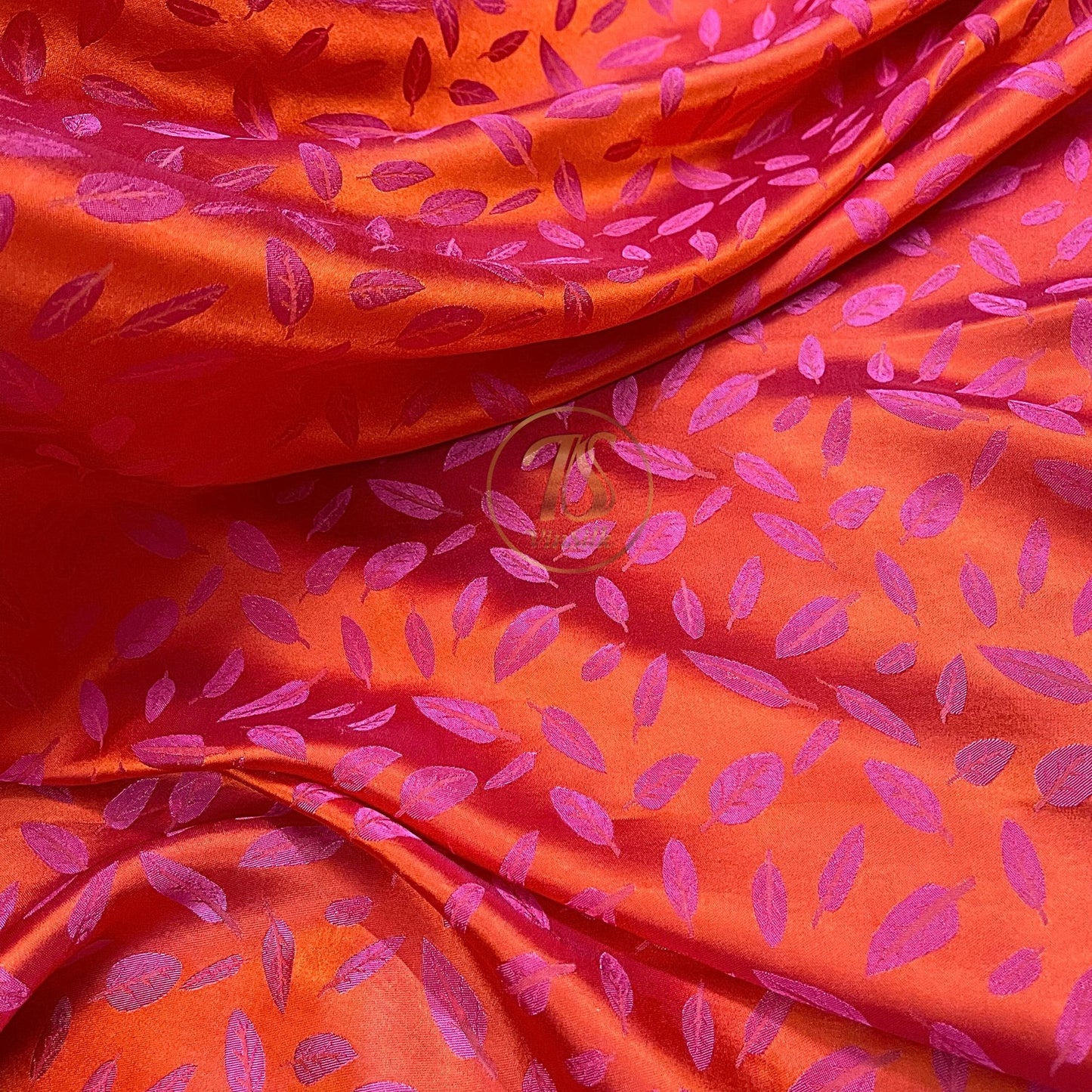 Pink silk with leaf  pattern fabric, handmade fabric, Organic fiber, Vintage textile, Wedding dress, Gift for women, personalized gift