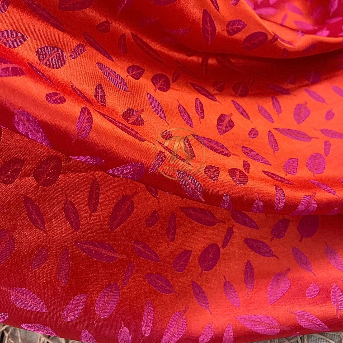 Pink silk with leaf  pattern fabric, handmade fabric, Organic fiber, Vintage textile, Wedding dress, Gift for women, personalized gift