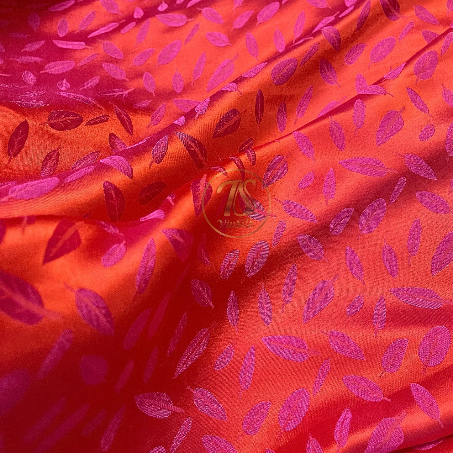 Pink silk with leaf  pattern fabric, handmade fabric, Organic fiber, Vintage textile, Wedding dress, Gift for women, personalized gift