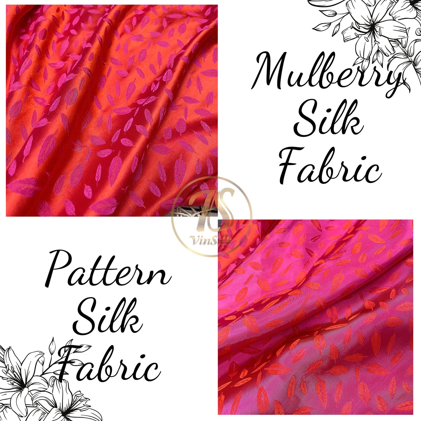 Pink silk with leaf  pattern fabric, handmade fabric, Organic fiber, Vintage textile, Wedding dress, Gift for women, personalized gift