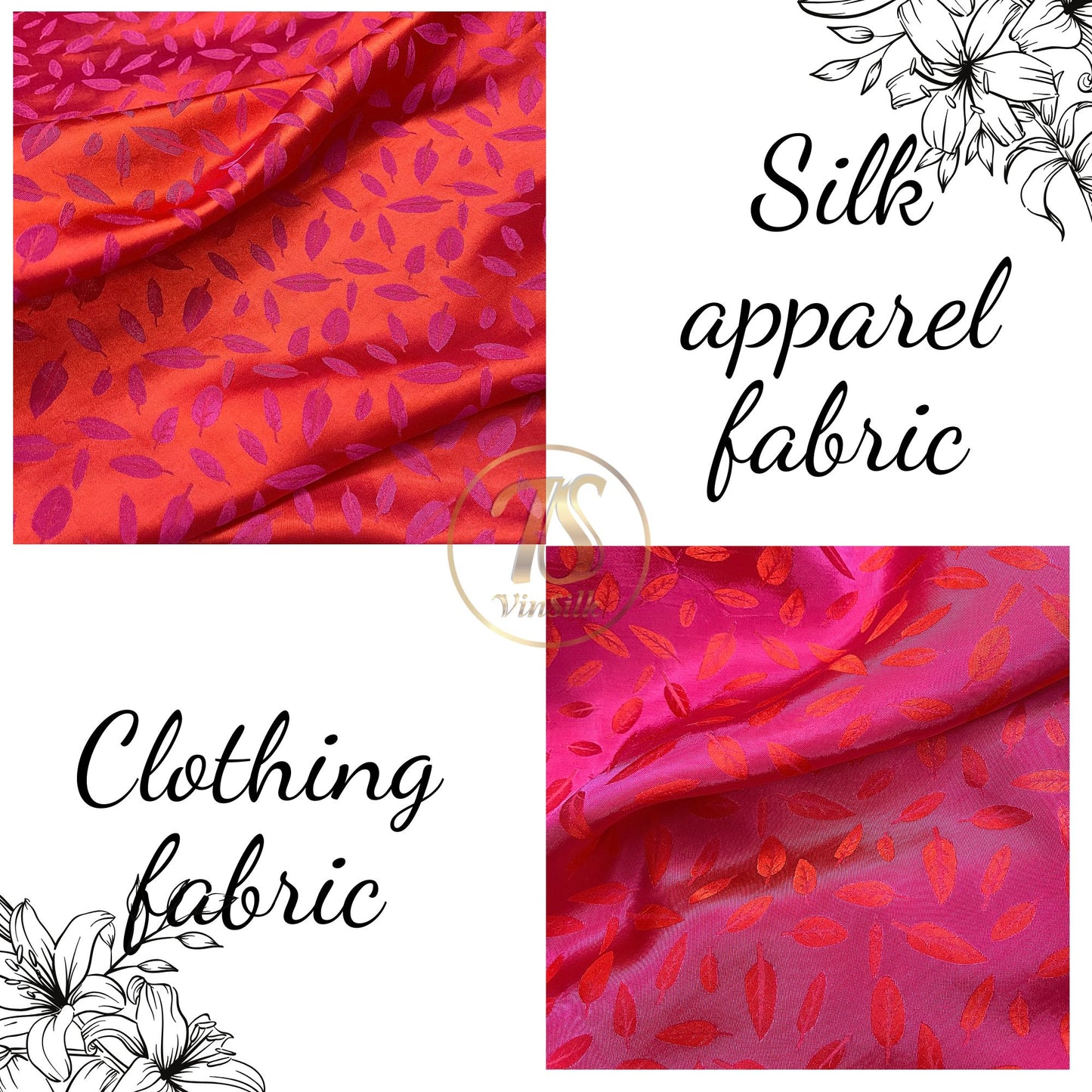 Pink silk with leaf  pattern fabric, handmade fabric, Organic fiber, Vintage textile, Wedding dress, Gift for women, personalized gift