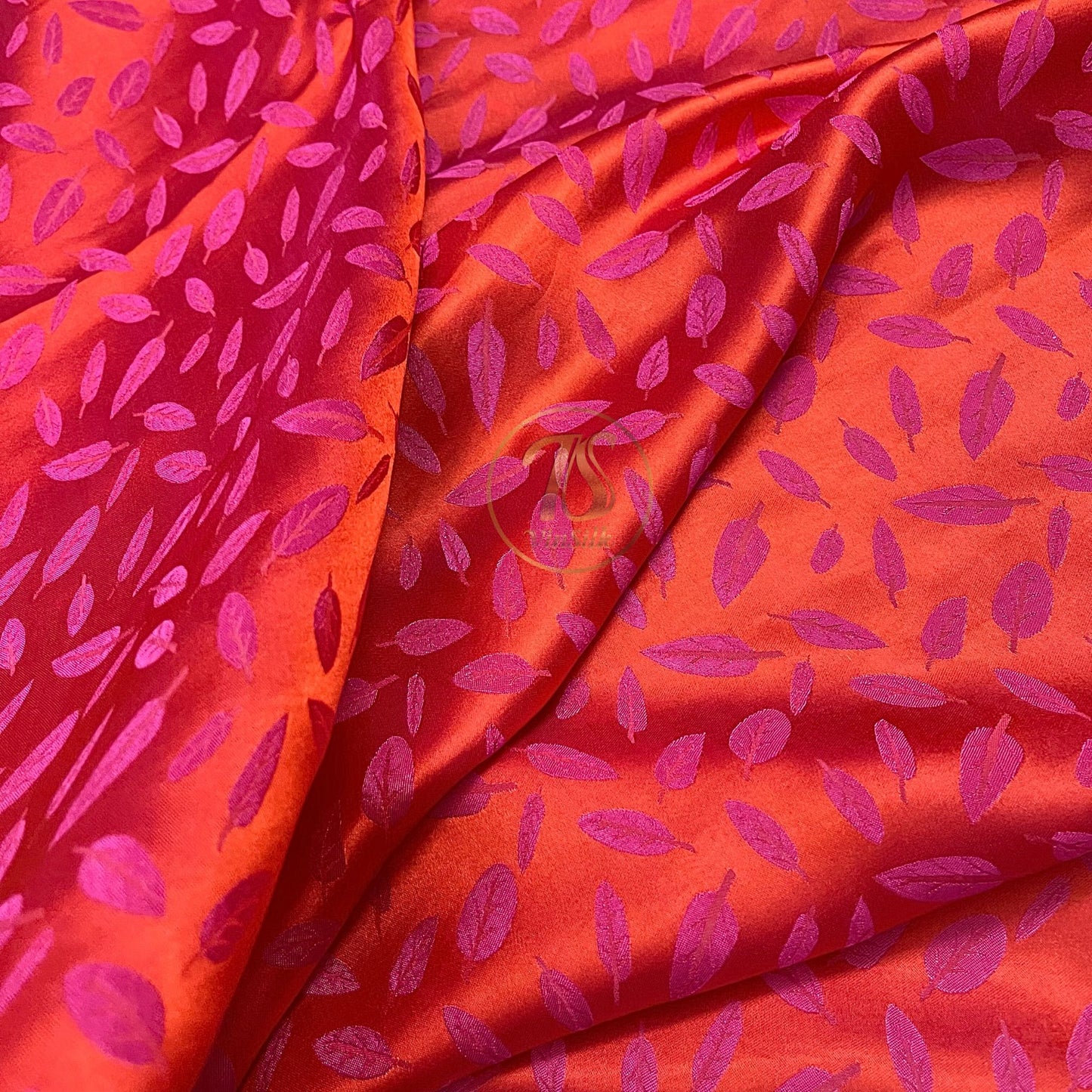 Pink silk with leaf  pattern fabric, handmade fabric, Organic fiber, Vintage textile, Wedding dress, Gift for women, personalized gift